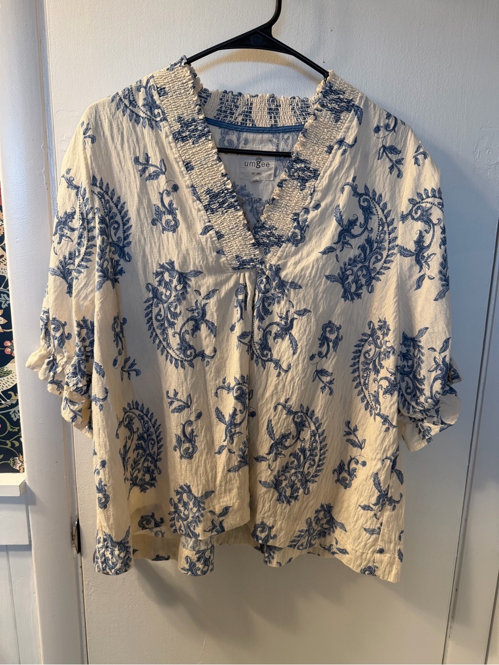 Umgee Cream Blouse with Blue Paisley Print